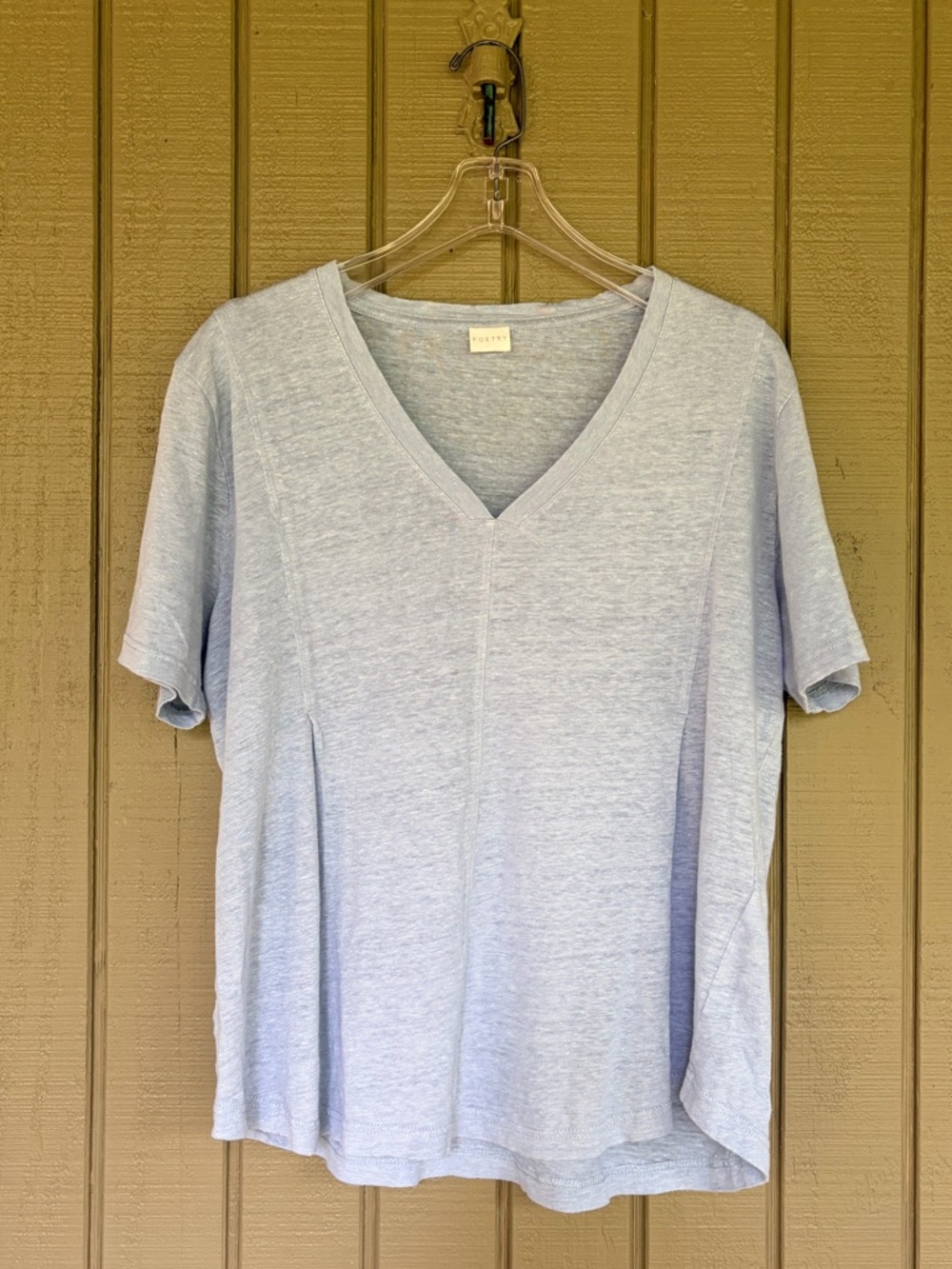 Poetry 100% Linen V-Neck Top US Size 12 Light Blue EUC Lagenlook Coastal